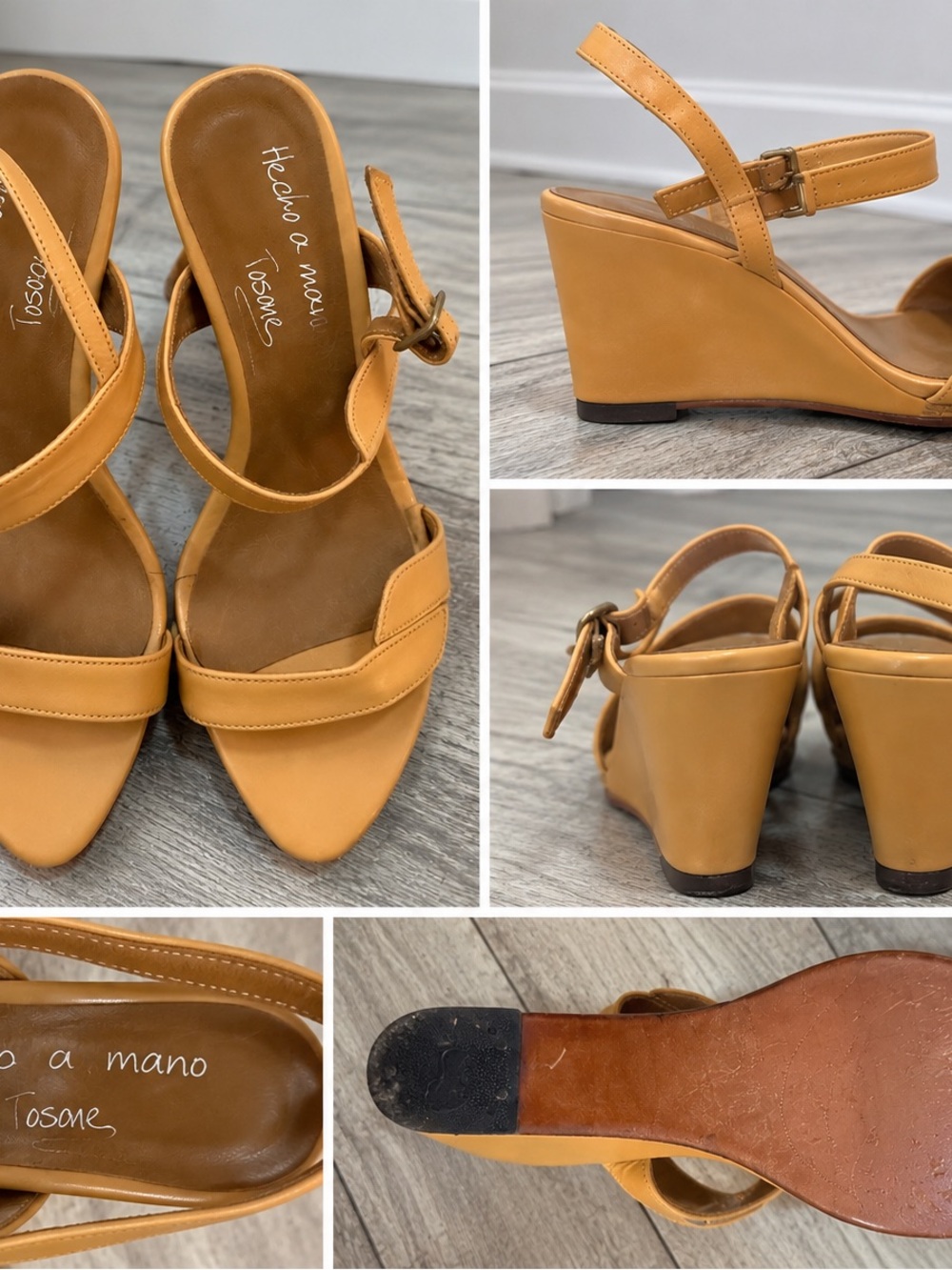 Tosone Handmade in Argentina Leather Wedge Sandals – Tan/Camel